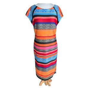 ECI New York cap sleeve colorful striped lined zipped long maxi dress NEW 12